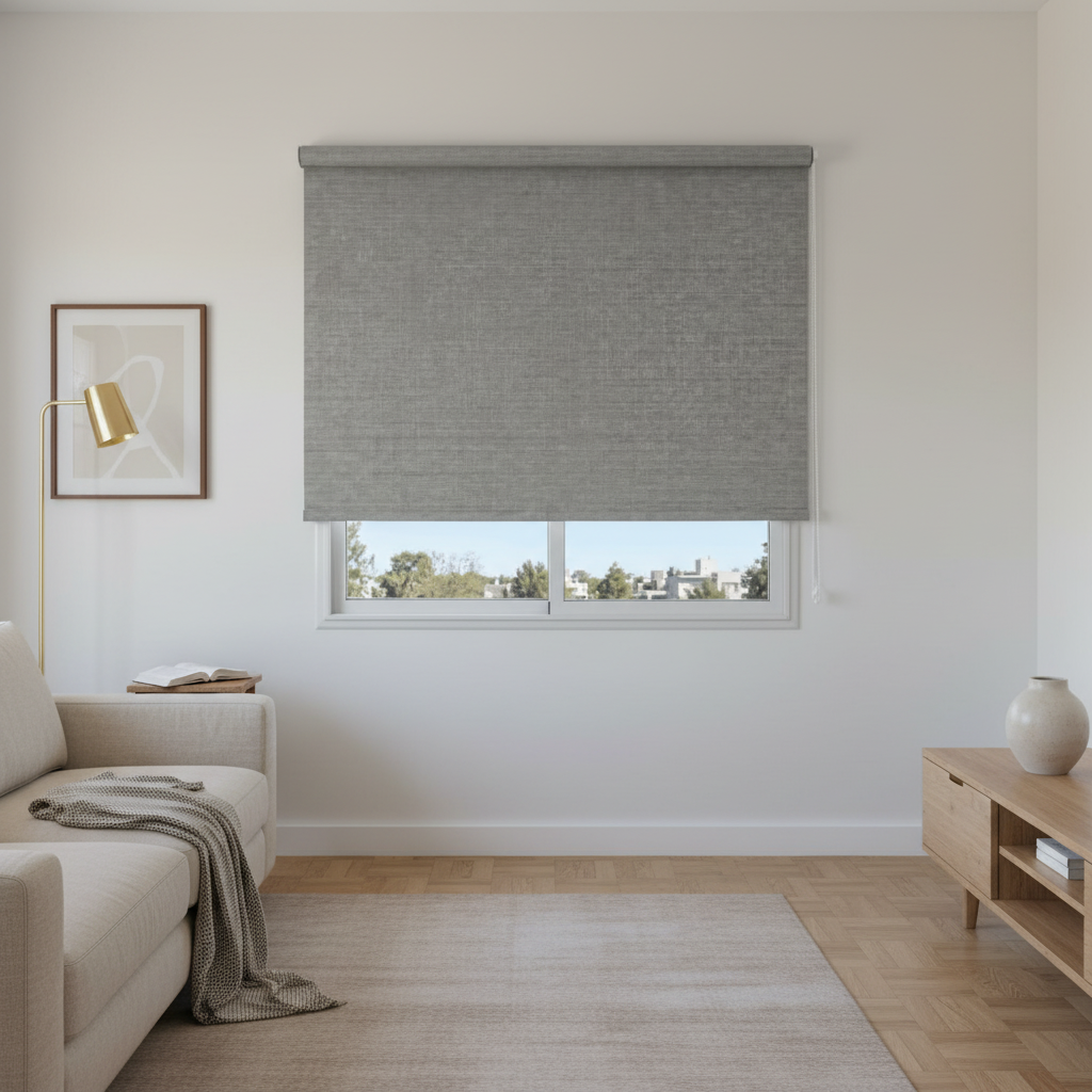 Living con cortina Roller Blackout gris