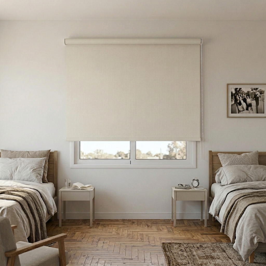 Dormitorio con cortina Roller Blackout sand