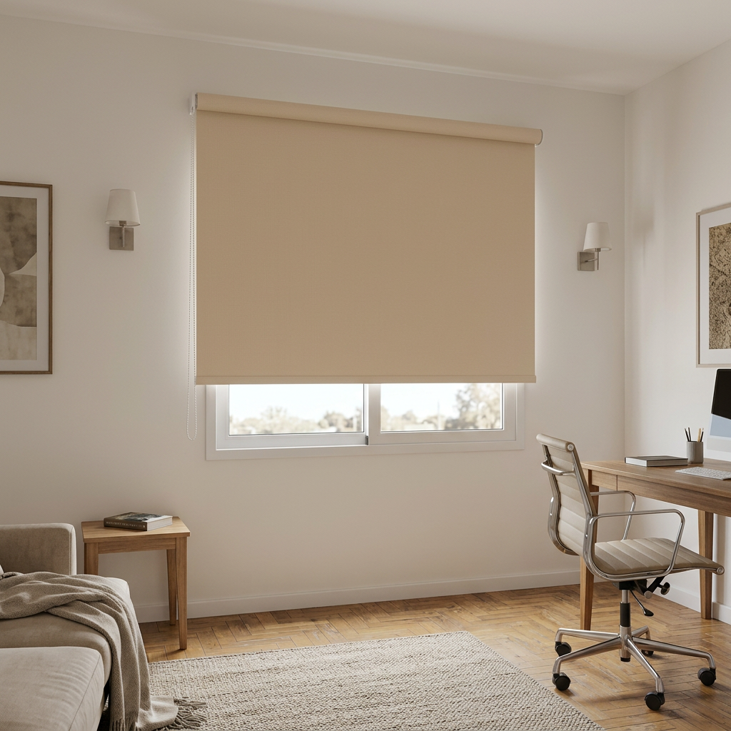 Home office con cortina Roller Blackout sand