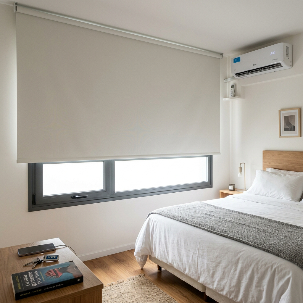 Dormitorio con cortina Roller Blackout blanca