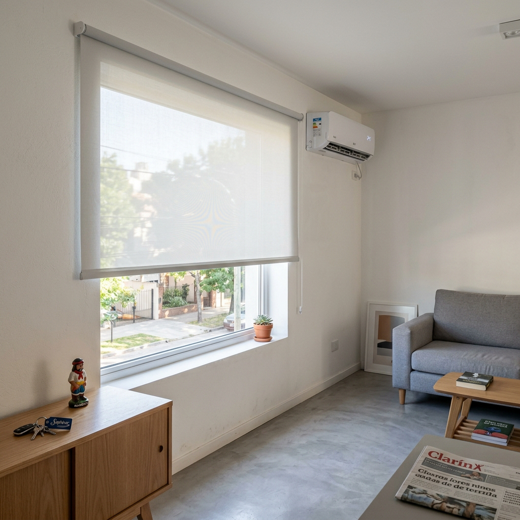 Estudio con cortina Roller Blackout blanca